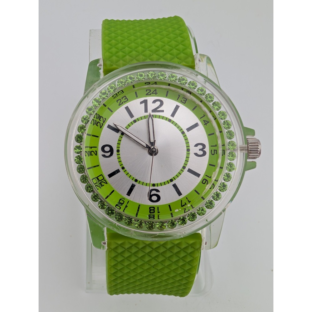 Women's Quartz Watch Lime Green Band 37mm Clear Case Rhinestones-‎ New Battery